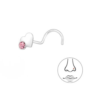 hjerte næsepiercing med pink sten i siden
